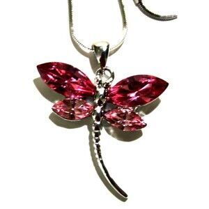 Swarovski Crystal Pink Rose Dragonfly Pendant Necklace Bridal Wedding Jewelry